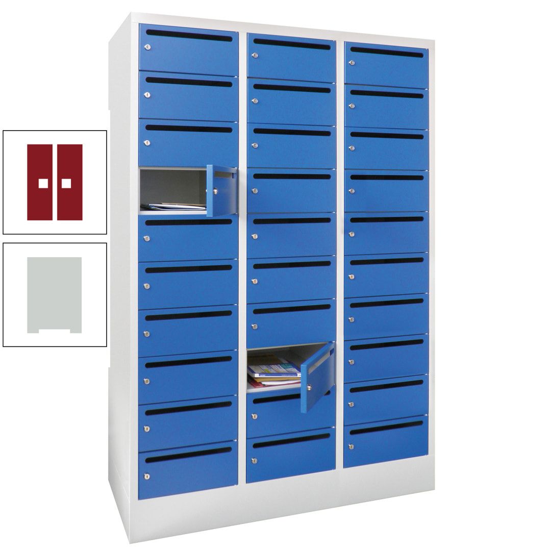 Postverteilerschrank, Schließfachschrank, 3 Abteile a 300 mm, 30 Fächer, 1.850 x 900 x 500 mm (HxBxT), Korpus anthrazitgrau, Front anthrazitgrau