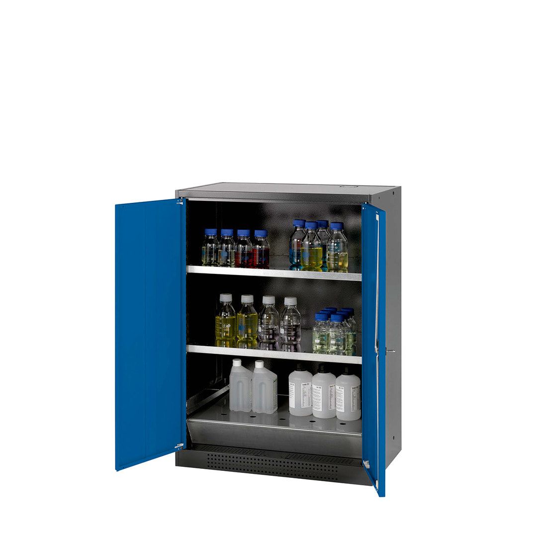 Chemikalienschrank - Flügeltüren, enzianblau - 2 Fachböden - 1.105 x 810 x 520 mm (HxBxT) - Stahl, pulverbeschichtet