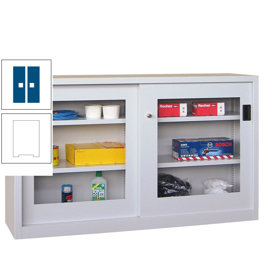 Schiebetürenschrank - Sichtfenstertüren - 1.000x1.500x600 mm (HxBxT) - 4 Böden, verzinkt - Zylinderschloss - anthrazitgrau
