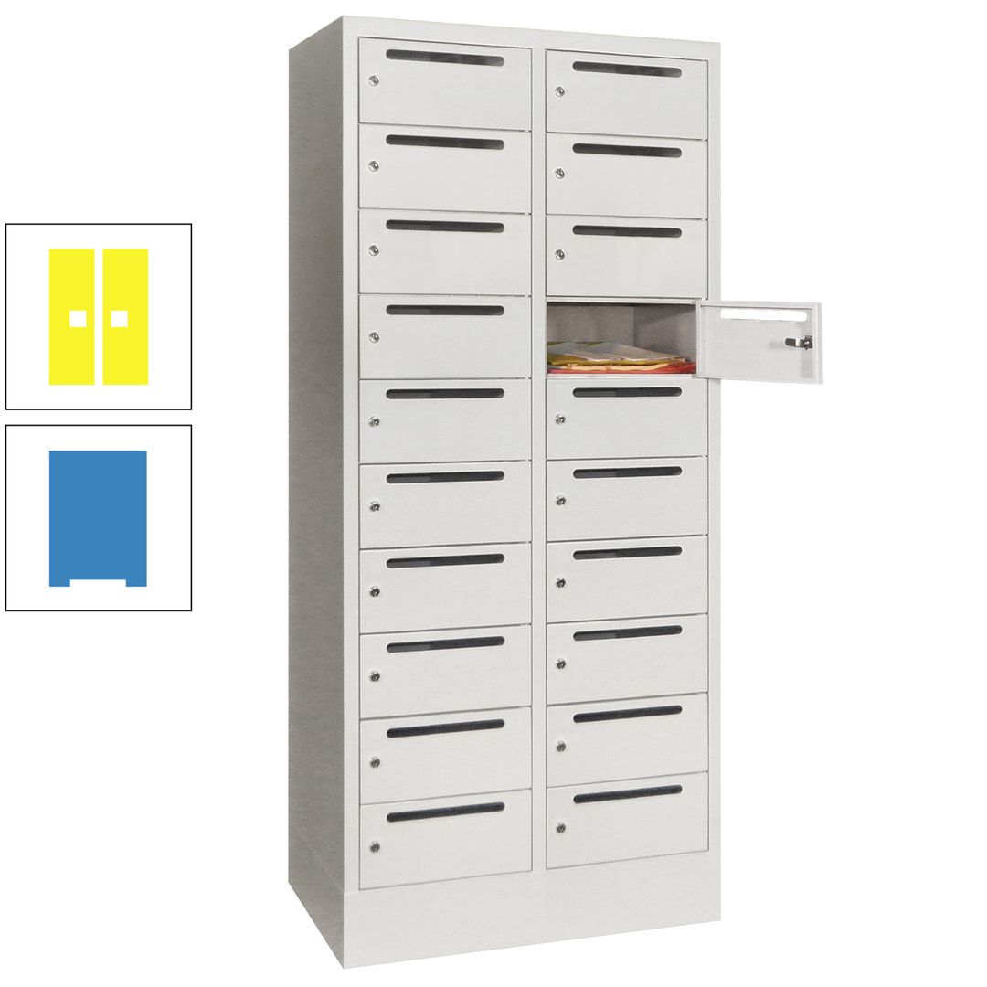 Postverteilerschrank, Schließfachschrank, 2 Abteile a 400 mm, 20 Fächer, 1.850 x 800 x 500 mm (HxBxT), Korpus anthrazitgrau, Front anthrazitgrau