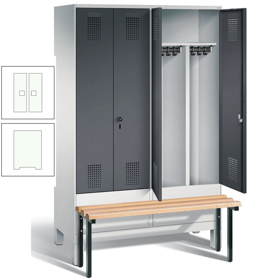 Doppel-Spind, Garderobenschrank, Buche Sitzbank vorgebaut, 4 Abteile a 300 mm, Korpus feuerrot, Tür Wasserblau, 1.850 x 1.200 x 815 mm (HxBxT)