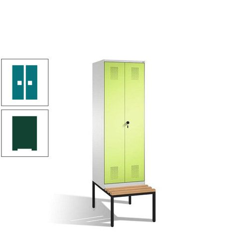 Doppel-Spind, Garderobenschrank, Buche Sitzbank untergebaut, 2 Abteile a 300 mm, Korpus anthrazitgrau, Tür anthrazitgrau, 2.090 x 600 x 815 mm (HxBxT)