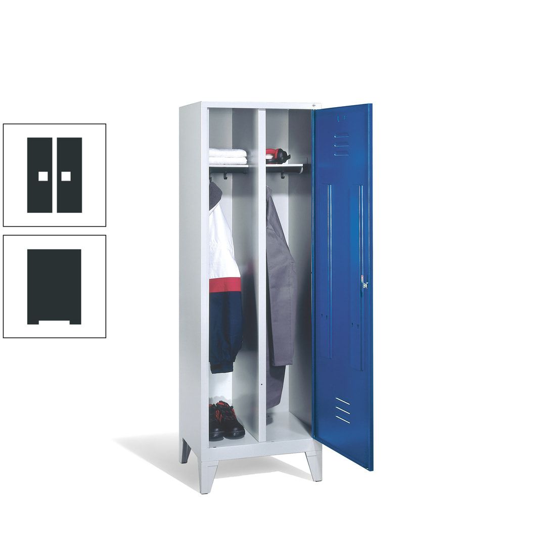 Doppel-Spind mit Großtür, Garderobenschrank mit Füßen, 2 Abteile a 300 mm, Korpus anthrazitgrau, Tür anthrazitgrau, 1.850 x 610 x 500 mm (HxBxT)