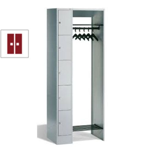 Garderobenanlage, Offene Garderobe mit Spindschrank, 5 Fächer, links, Korpusfarbe lichtgrau, Türfarbe enzianblau, 1.950 x 740 x 480 mm (HxBxT)