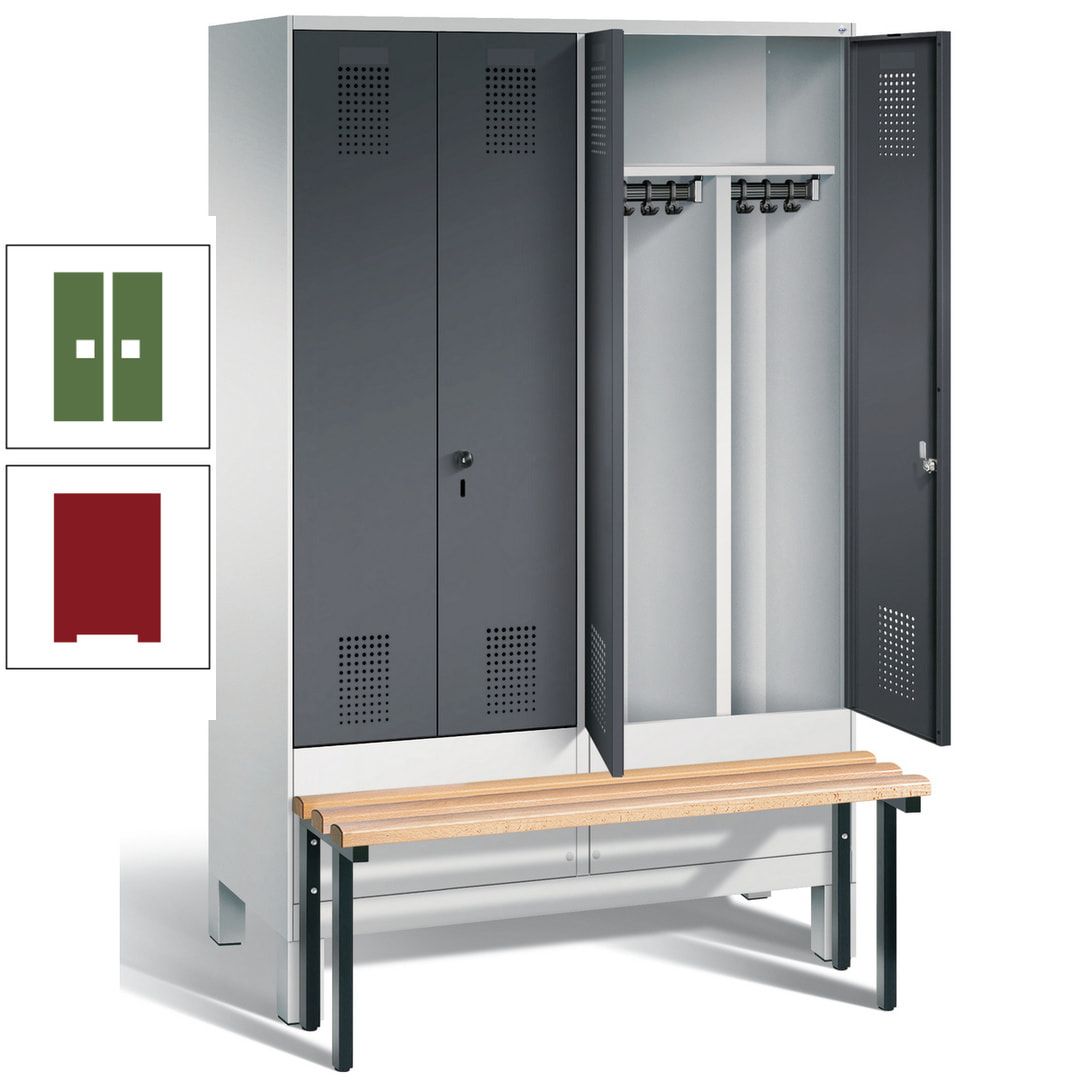 Doppel-Spind, Garderobenschrank, Buche Sitzbank vorgebaut, 4 Abteile a 300 mm, Korpus feuerrot, Tür Wasserblau, 1.850 x 1.200 x 815 mm (HxBxT)