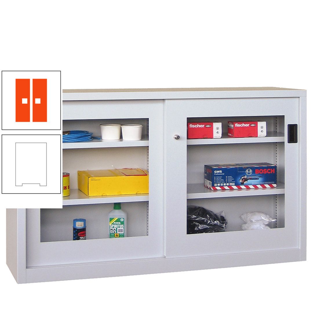 Schiebetürenschrank - Sichtfenstertüren - 1.000x1.500x600 mm (HxBxT) - 4 Böden, verzinkt - Zylinderschloss - anthrazitgrau