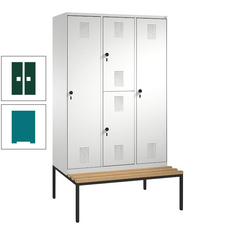Garderobenschrank, Spind ein- und doppelstöckig Sitzbank, 3 Abteile, 4 Fächer, 2.090x1.200x500 mm (HxBxT), Front anthrazitgrau, Korpus anthrazitgrau