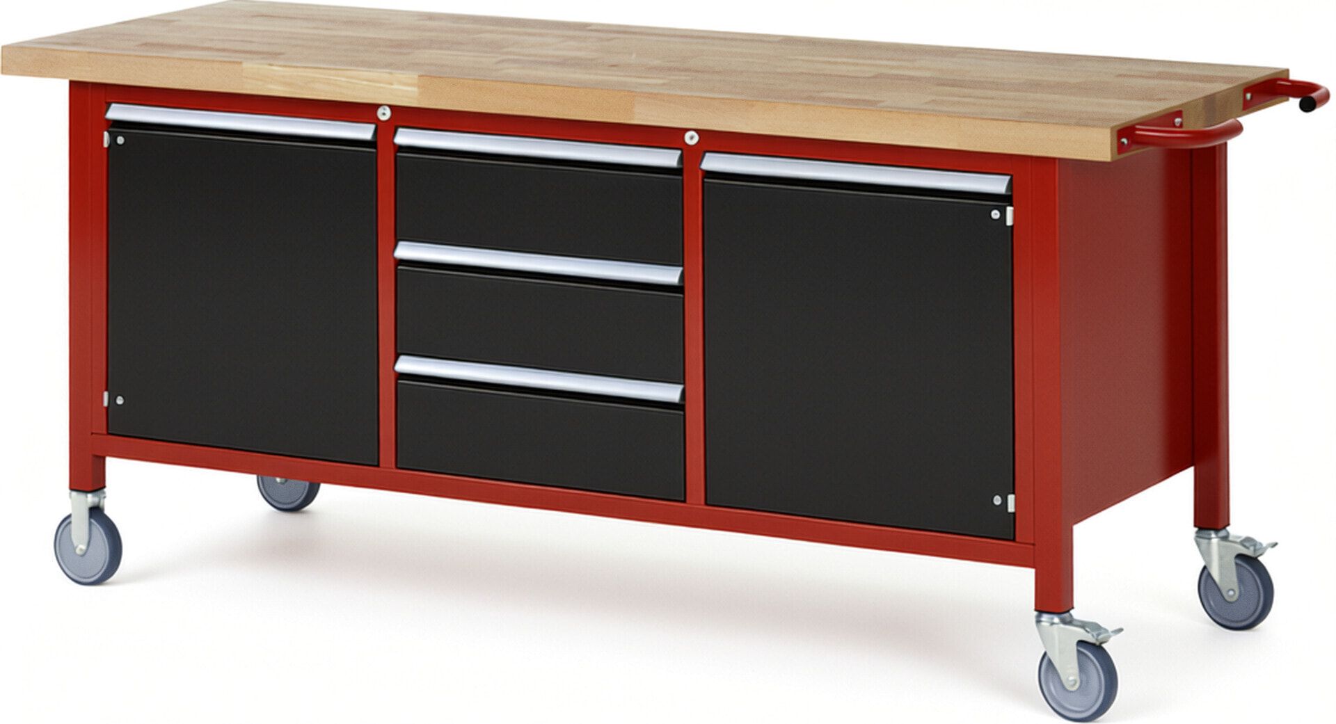 Mobile Werkbank, 2 Schränke - 3 Schubladen - Teilauszug - 180:3 - Höhe 880-1.080 mm - 2.000 x 700 mm - 450 kg - Buche - Anthrazitgrau