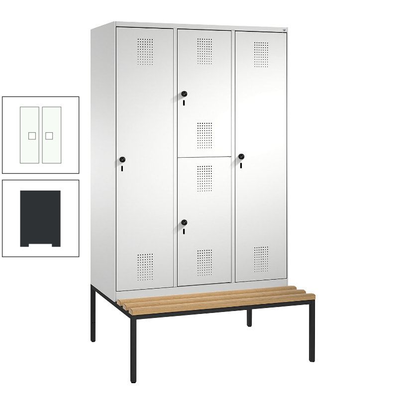 Garderobenschrank, Spind ein- und doppelstöckig Sitzbank, 3 Abteile, 4 Fächer, 2.090x1.200x500 mm (HxBxT), Front anthrazitgrau, Korpus anthrazitgrau