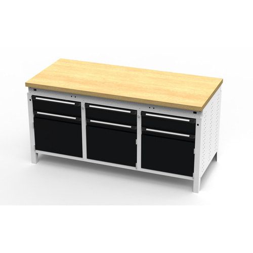 OTTOKIND Werkbank - bündige Arbeitsplatte - 850 x 1.695 x 750 mm (HxBxT) - 3 Schubladen - 3 Schränke - lichtgrau