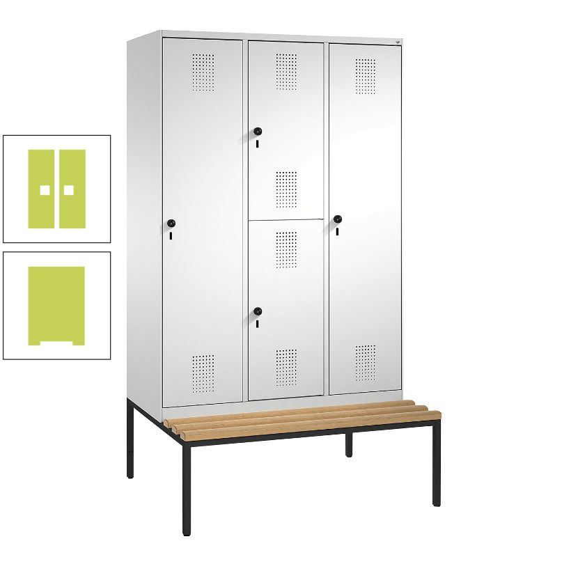 Garderobenschrank, Spind ein- und doppelstöckig Sitzbank, 3 Abteile, 4 Fächer, 2.090x1.200x500 mm (HxBxT), Front anthrazitgrau, Korpus anthrazitgrau
