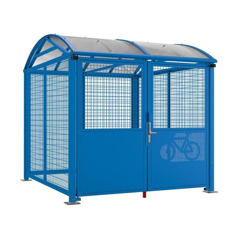 Fahrradüberdachung, Fahrradhaus, Unterstand, Zylinderschloss, Grundmodell, Stahlgitter, 2.640 x 2.520 x 2.830 mm (HxBxT), Farbe enzianblau