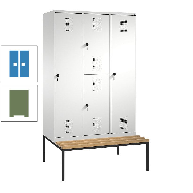 Garderobenschrank, Spind ein- und doppelstöckig Sitzbank, 3 Abteile, 4 Fächer, 2.090x1.200x500 mm (HxBxT), Front anthrazitgrau, Korpus anthrazitgrau