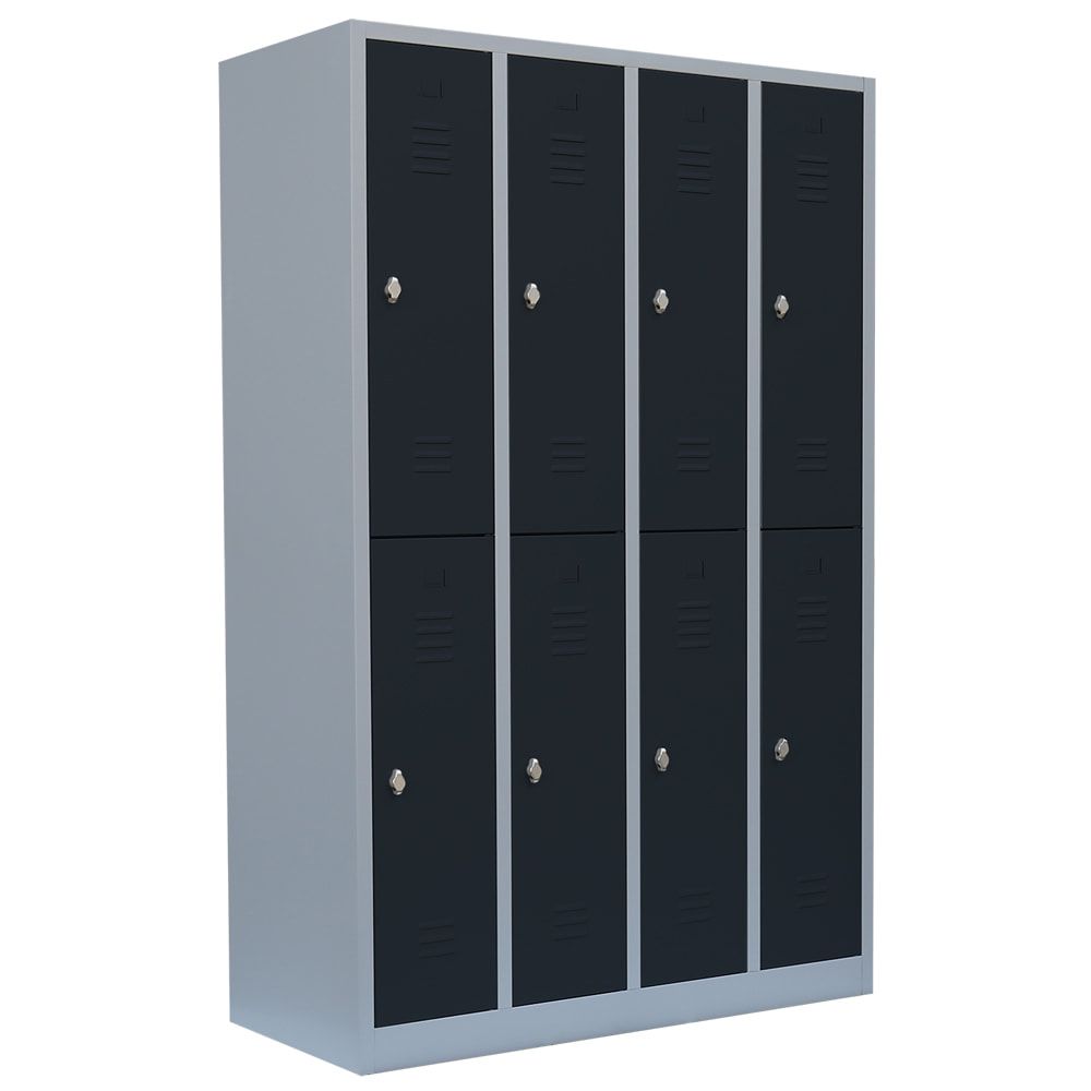 Garderobenschrank, Doppelstockspind, 4 Abteile, 8 Fächer, 1.800 x 1.170 x 500 mm (HxBxT), Stahl, Drehriegel, Korpus: lichtgrau, Front: anthrazitgrau