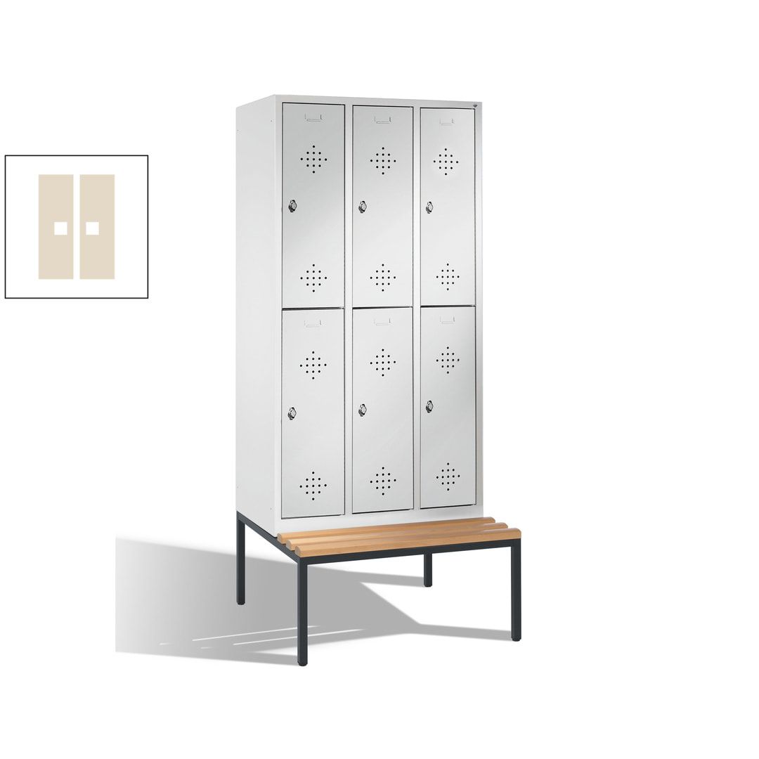 Garderobenschrank, Spind, 3 Abteile 6 Fächer, 2.090 x 1.200 x 815 mm (HxBxT), Hartholz Sitzbank untergebaut, Korpus anthrazitgrau, Türen anthrazitgrau