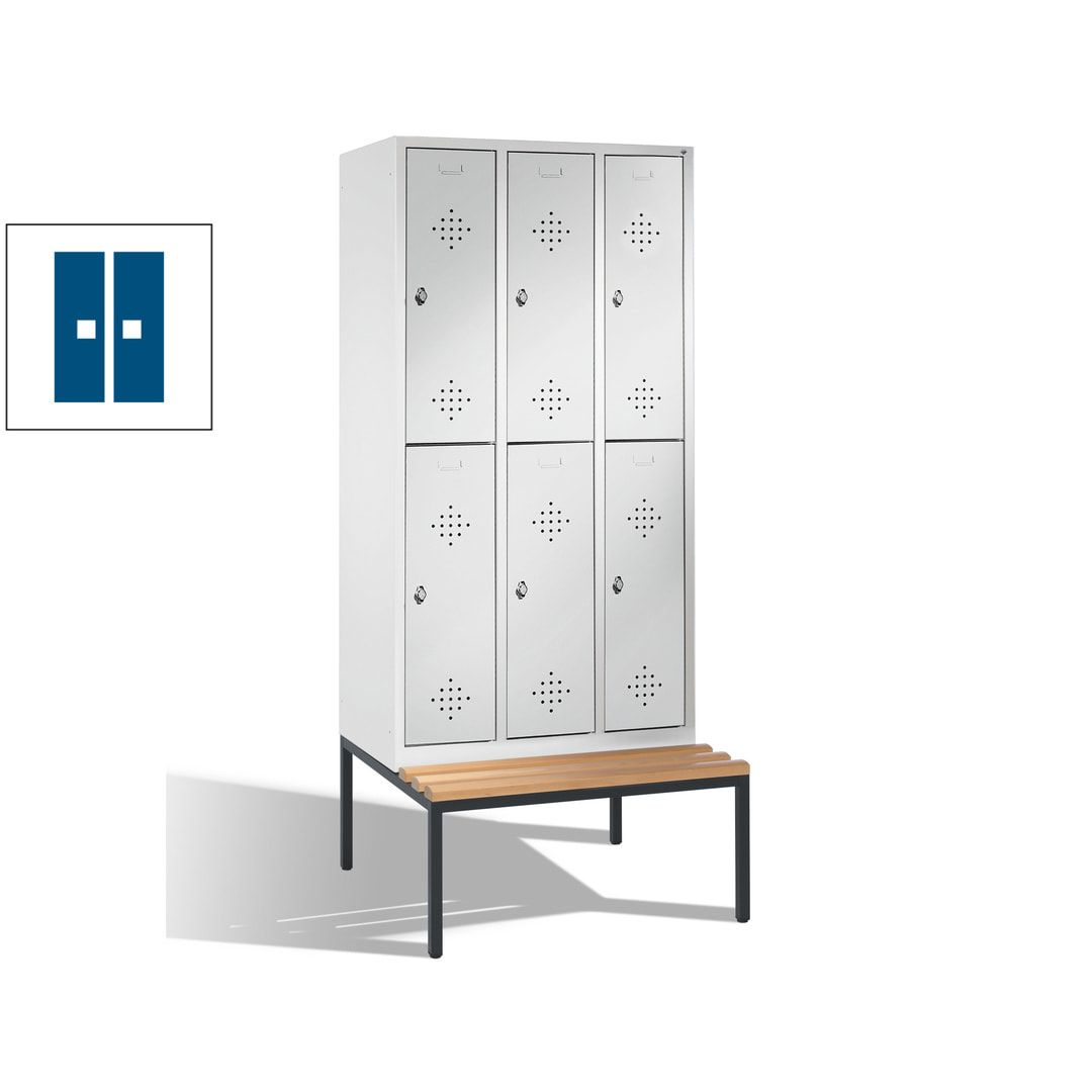 Garderobenschrank, Spind, 3 Abteile 6 Fächer, 2.090 x 1.200 x 815 mm (HxBxT), Hartholz Sitzbank untergebaut, Korpus anthrazitgrau, Türen anthrazitgrau