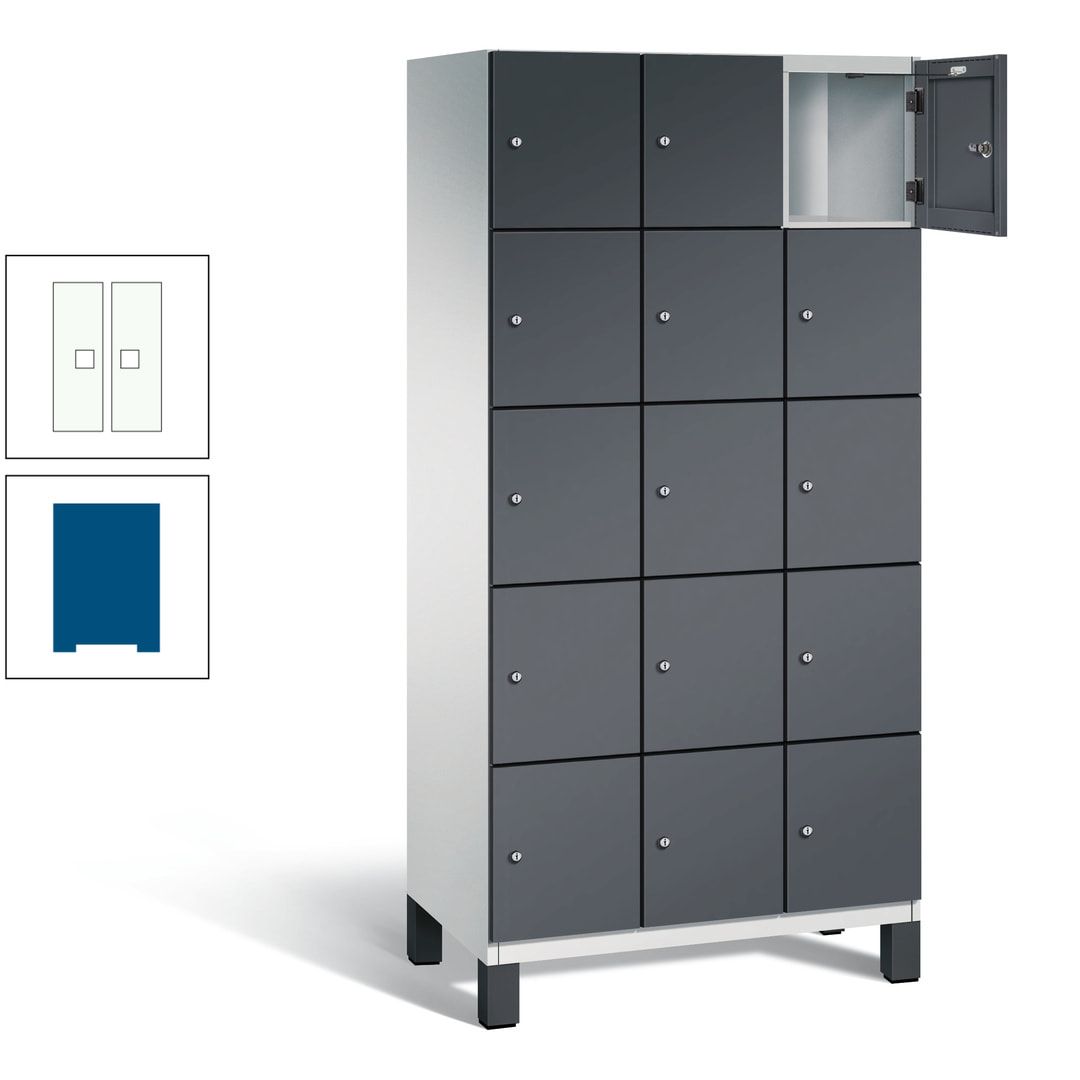 Fächerschrank, Stahlschrank, 15 Fächer, Türöffnungsbegrenzer, Füße, 1.980 x 900 x 525 mm (HxBxT), Korpus anthrazitgrau, Front anthrazitgrau