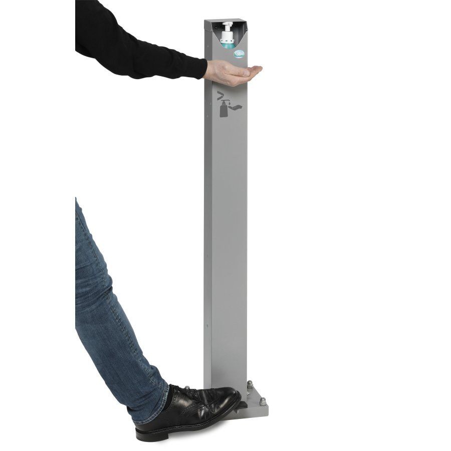 Desinfektionsstation, Hygienestation, Reinigungsstation, Stahl, mit Pedal, abschließbar, Bodenmontage, Farbe Antik-silber