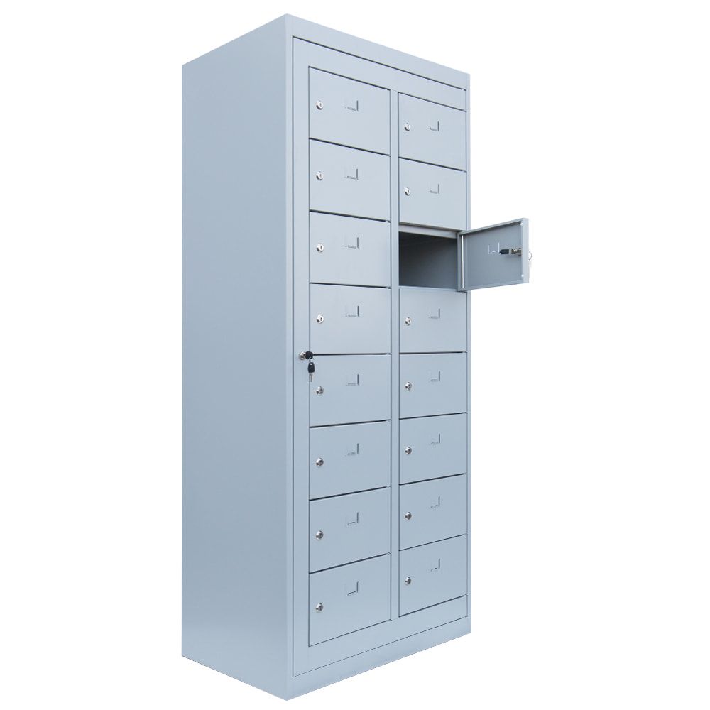 Verteilerschrank, Ausgabeschrank, Fächerschrank, Zentraltür, 2 Abteile, 20 Fächer, 1.800 x 740 x 500 mm (HxBxT), Korpus lichtgrau, Front enzianblau