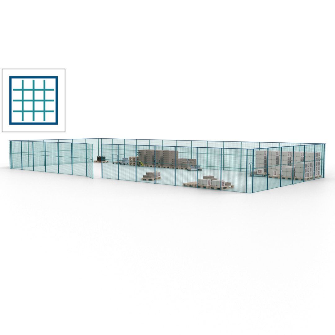 Maschinen Schutzgitter - Hallentrennwand - Sicherheitszaun - Tür - 60 m - 2.200 x 21.400 x 9.400 mm (HxBxT) - enzianblau