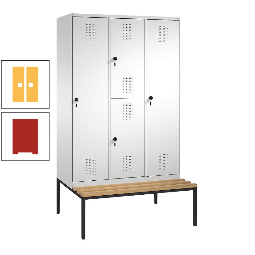 Garderobenschrank, Spind ein- und doppelstöckig Sitzbank, 3 Abteile, 4 Fächer, 2.090x1.200x500 mm (HxBxT), Front anthrazitgrau, Korpus anthrazitgrau