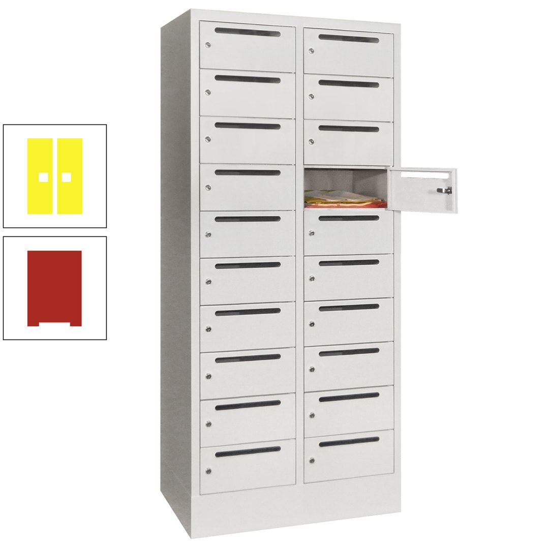 Postverteilerschrank, Schließfachschrank, 2 Abteile a 400 mm, 20 Fächer, 1.850 x 800 x 500 mm (HxBxT), Korpus anthrazitgrau, Front anthrazitgrau