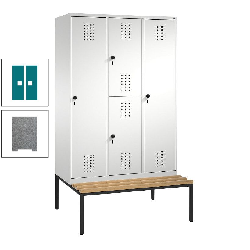 Garderobenschrank, Spind ein- und doppelstöckig Sitzbank, 3 Abteile, 4 Fächer, 2.090x1.200x500 mm (HxBxT), Front anthrazitgrau, Korpus anthrazitgrau
