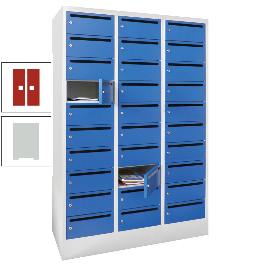 Postverteilerschrank, Schließfachschrank, 3 Abteile a 300 mm, 30 Fächer, 1.850 x 900 x 500 mm (HxBxT), Korpus anthrazitgrau, Front anthrazitgrau
