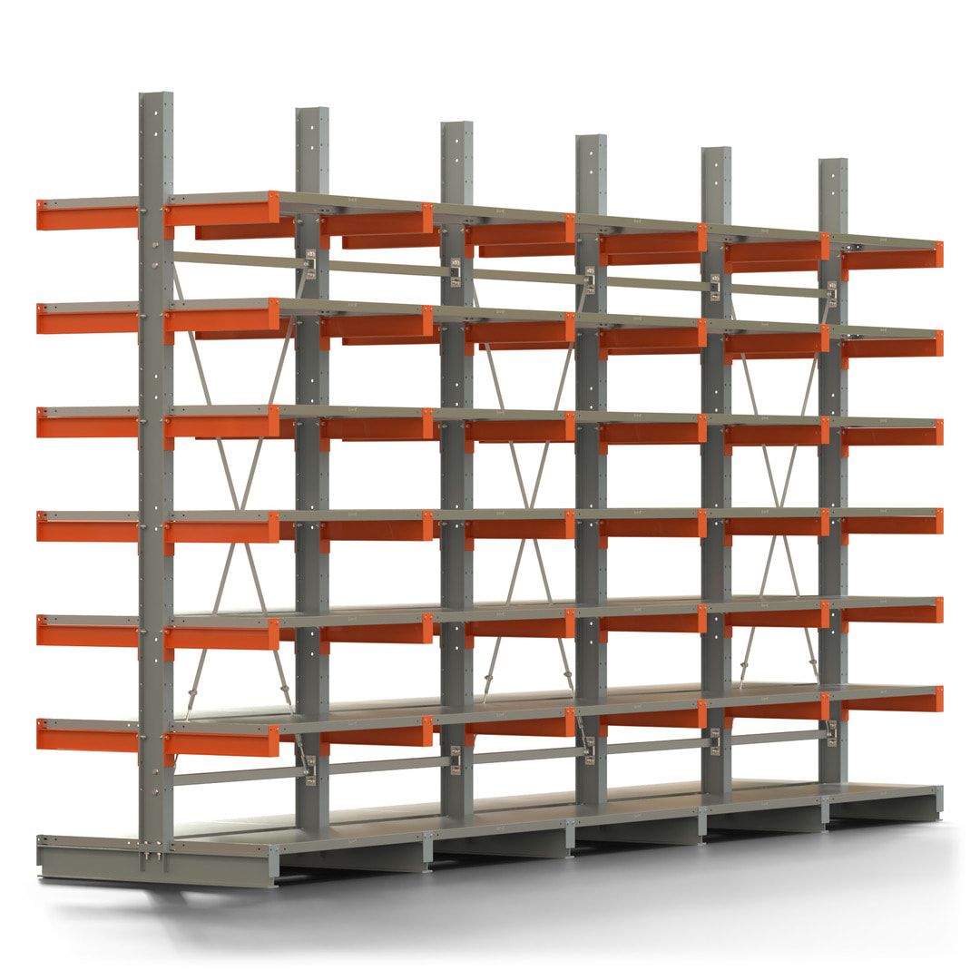 Doppelseitiges Kragarmregal mit Fachböden, 2 Felder, 3.000 x 2.000 (HxB), Nutztiefe 1.000 mm, Kragarmlast 450 kg, KARL basic, silbergrau/reinorange