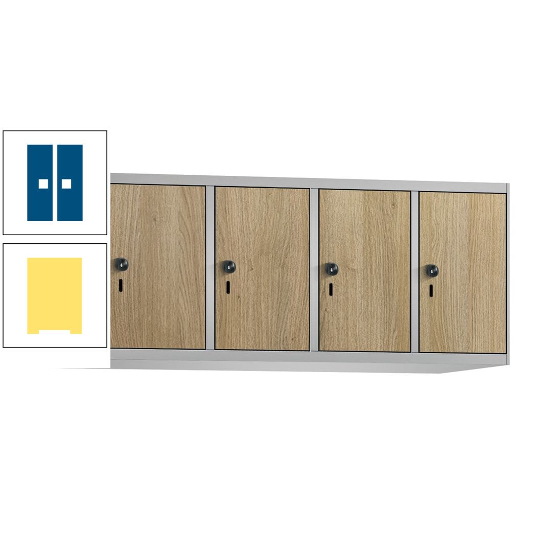 Aufsatzschrank, Schrankaufsatz, 4 Fächer a 300 mm, Farbe Pastellgelb, Tür anthrazitgrau, 500 x 1.200 x 500 mm (HxBxT)