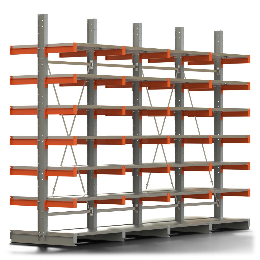 Doppelseitiges Kragarmregal mit Fachböden, 2 Felder, 3.000 x 2.000 (HxB), Nutztiefe 1.000 mm, Kragarmlast 450 kg, KARL basic, silbergrau/reinorange