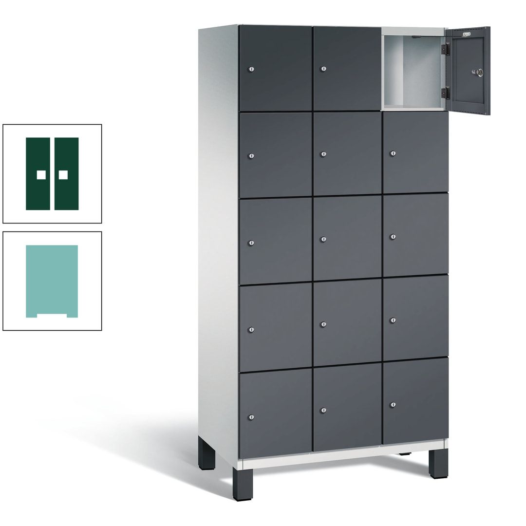 Fächerschrank, Stahlschrank, 15 Fächer, Türöffnungsbegrenzer, Füße, 1.980 x 900 x 525 mm (HxBxT), Korpus anthrazitgrau, Front anthrazitgrau