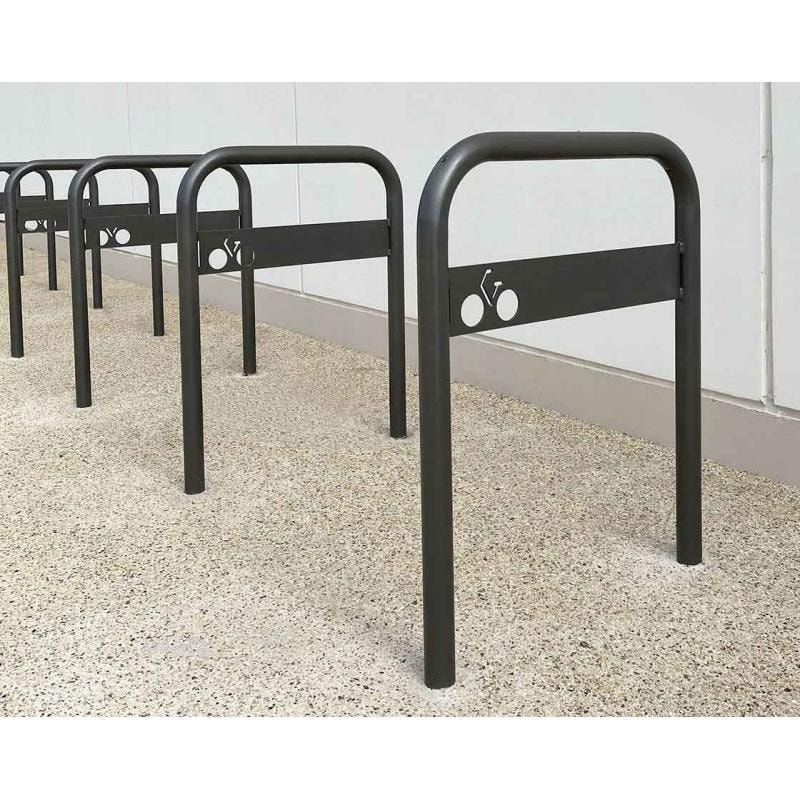 Gebogener Fahrradbügel, mit Beschilderung, Einbetonierung, Stahl, beschichtet, 850 x 700 mm (HxB), Farbe wählbar
