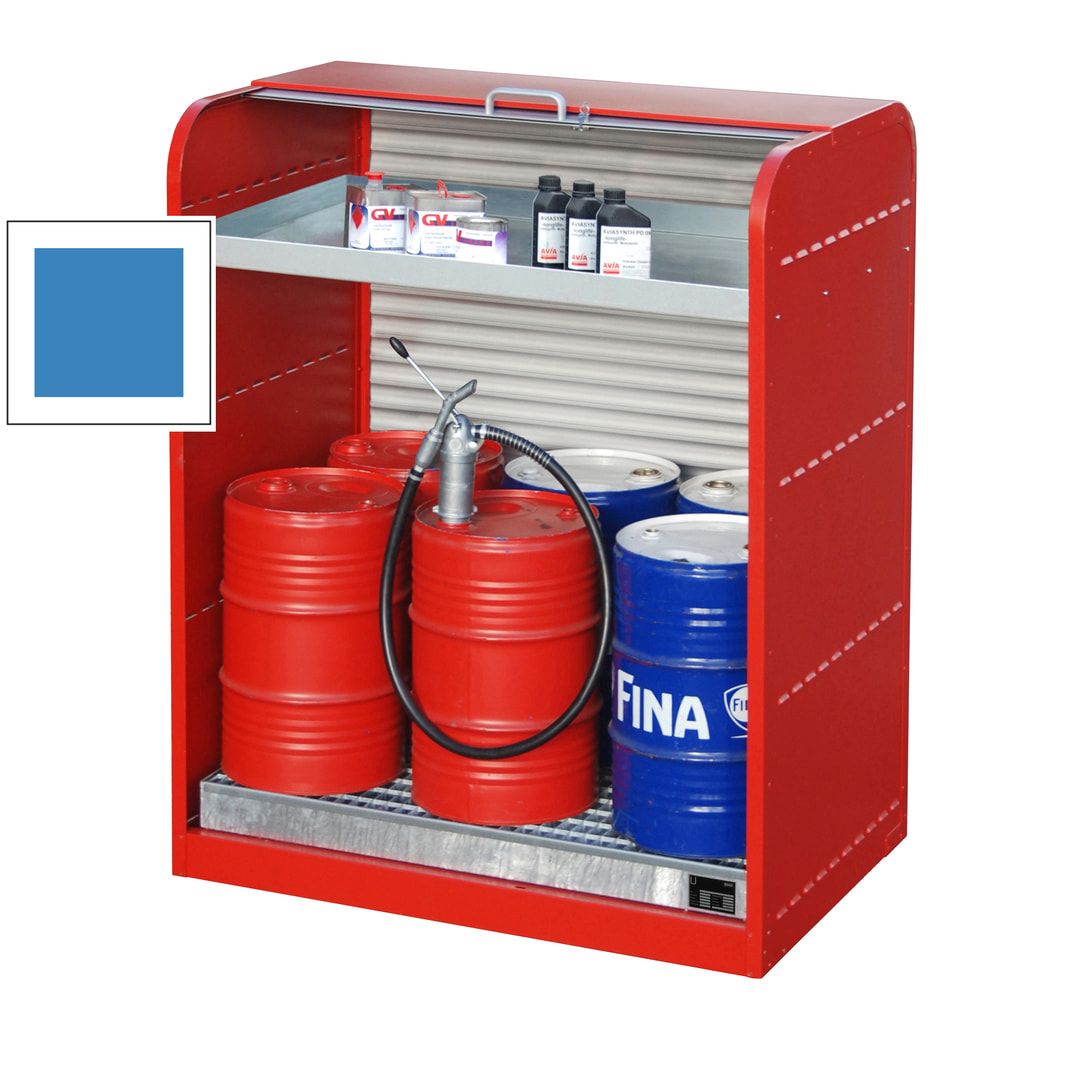 Gefahrstoffschrank mit Rollladen - für 6 x 60-l-Fass - 1 Kleingebindewanne - feuerrot