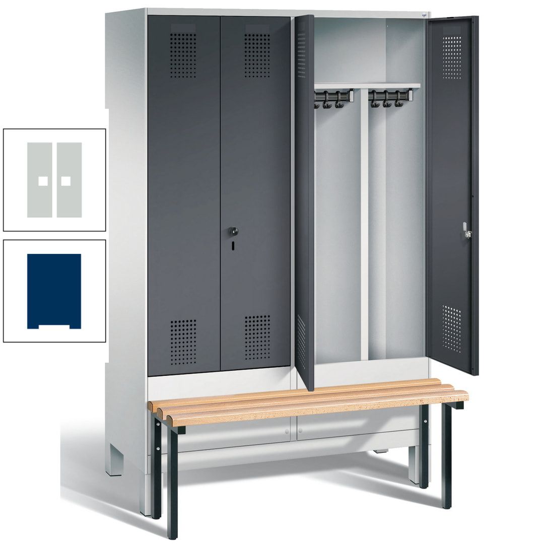 Doppel-Spind, Garderobenschrank, Buche Sitzbank vorgebaut, 4 Abteile a 300 mm, Korpus feuerrot, Tür Wasserblau, 1.850 x 1.200 x 815 mm (HxBxT)