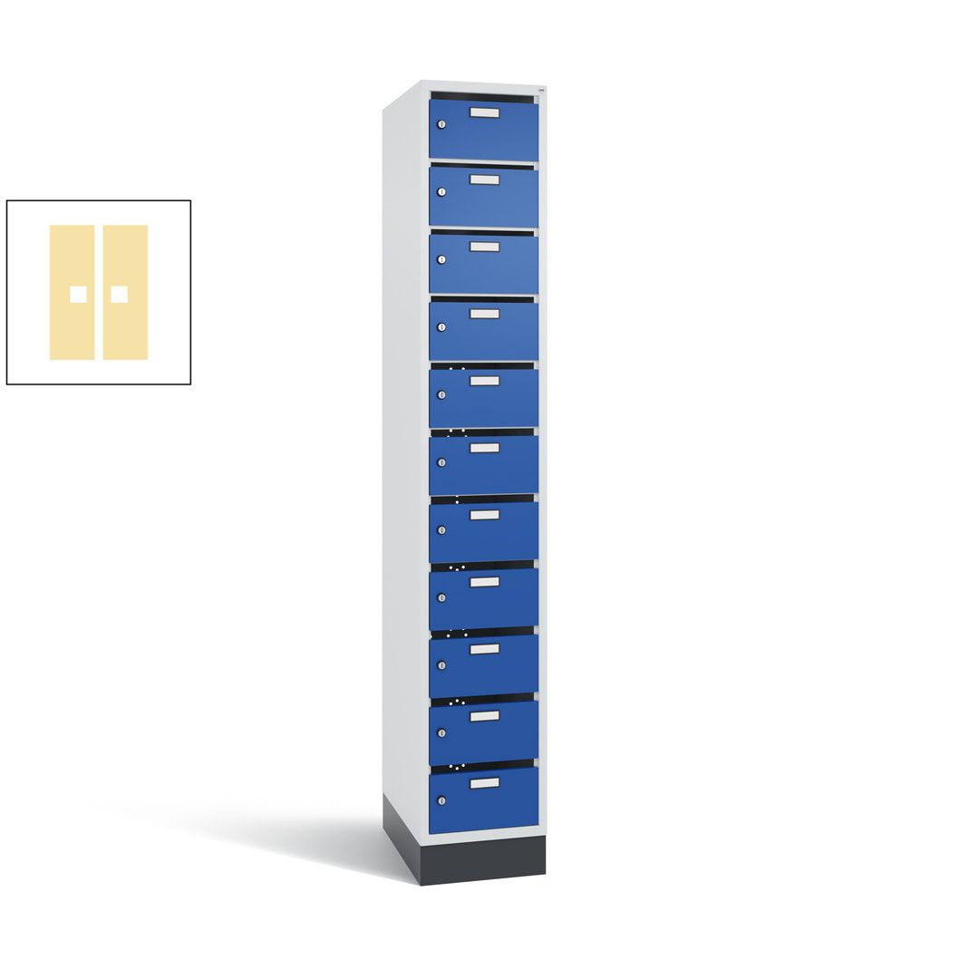 Postverteilerschrank, Schließfachschrank, mit Sockel, 11 Fächer, 1.950 x 320 x 500 mm (HxBxT), Korpus lichtgrau, Tür anthrazitgrau