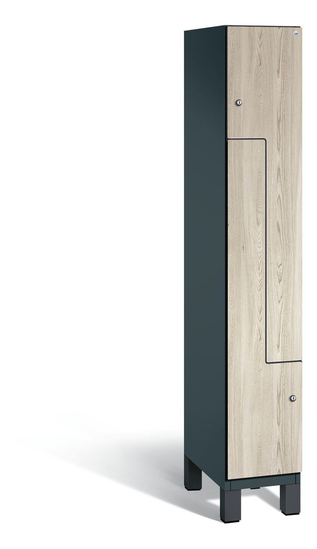 Z-Garderobenspind mit Füßen, 2 Personen, 1.980 x 300 x 525 mm (HxBxT), Korpus Fernblau, Dekorfront HPL Donau-Ahorn