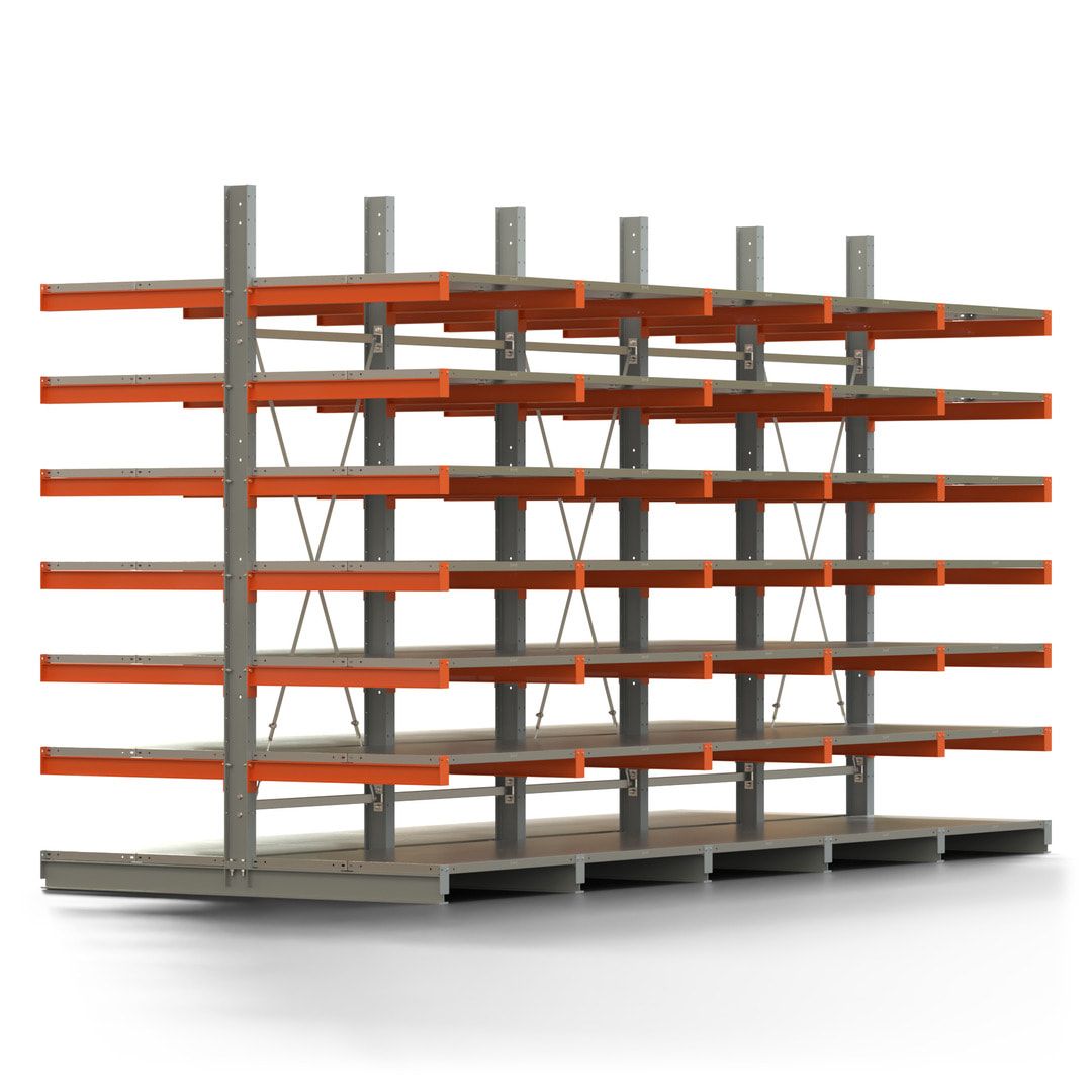 Doppelseitiges Kragarmregal mit Fachböden, 2 Felder, 3.000 x 2.000 (HxB), Nutztiefe 1.000 mm, Kragarmlast 450 kg, KARL basic, silbergrau/reinorange
