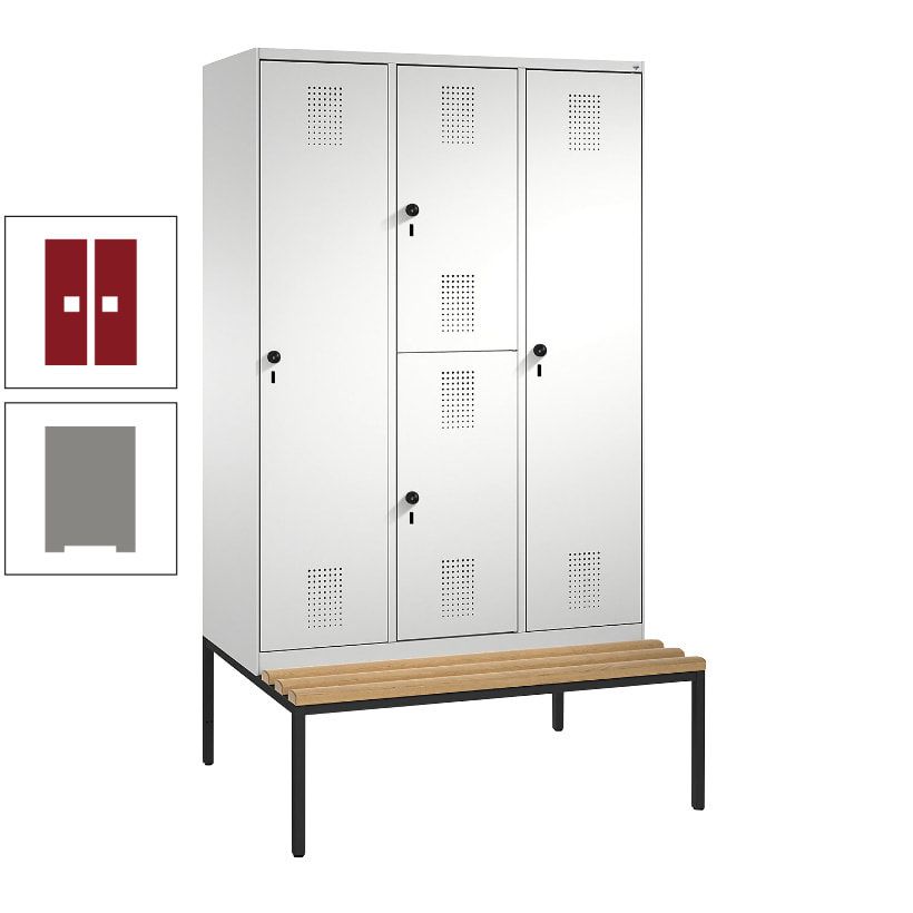 Garderobenschrank, Spind ein- und doppelstöckig Sitzbank, 3 Abteile, 4 Fächer, 2.090x1.200x500 mm (HxBxT), Front anthrazitgrau, Korpus anthrazitgrau