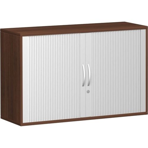 Anstell-Querrollladenschrank, Dekoreinlageboden, Stellfüße, abschließbar, 720 x 1.000 x 425 mm (HxBxT), Korpusfarbe Ahorn, Frontfarbe silber