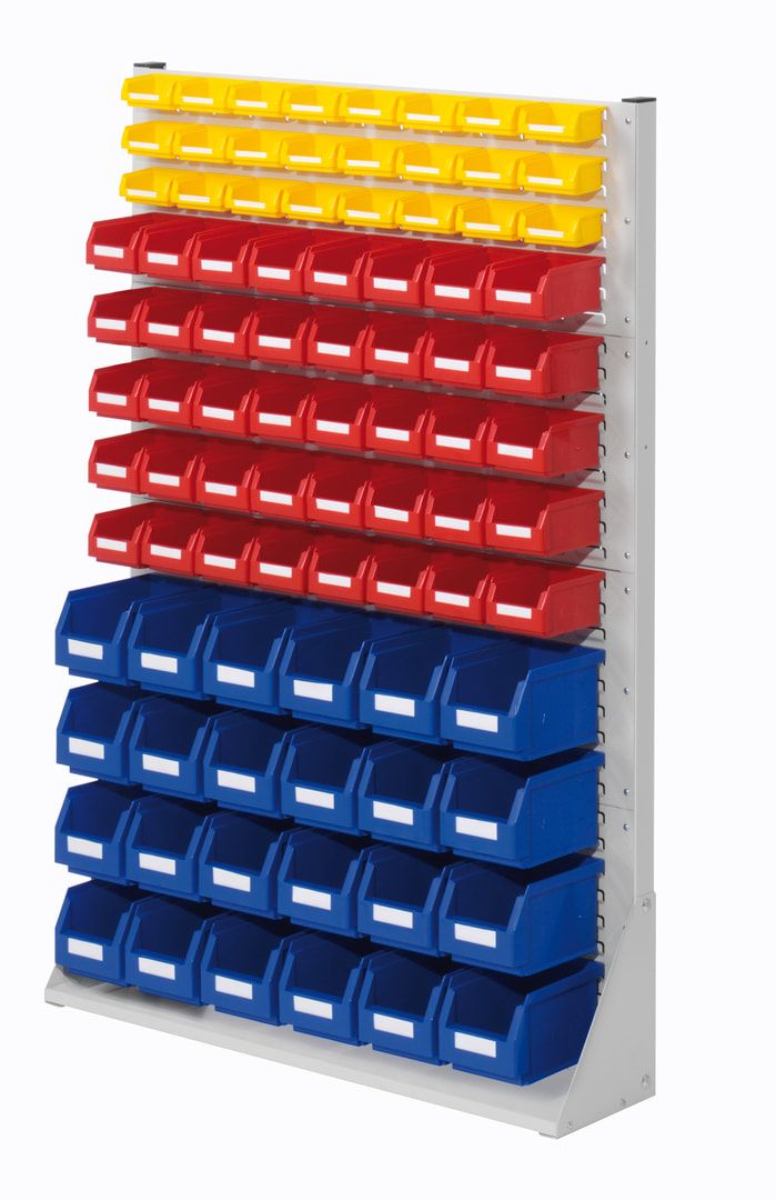 Stationäre Regalwand - Schlitzwand für Sichtlagerkästen - einseitig - mit 54 Kästen bestückt - 1.450 x 1.000 x 240 mm (HxBxT)