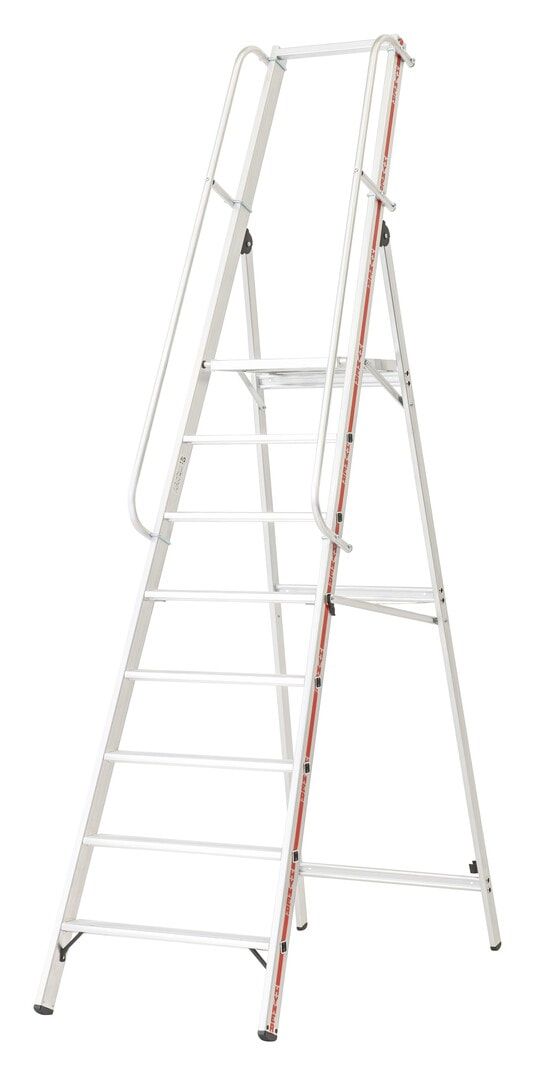 Plattformleiter mit langem Handlauf, Aluminium, Stehleiter, ohne Rollen, Rutschhemmung R11, Leiterlänge 2.100 mm, 4 Stufen, Traglast 150 kg, Hymer