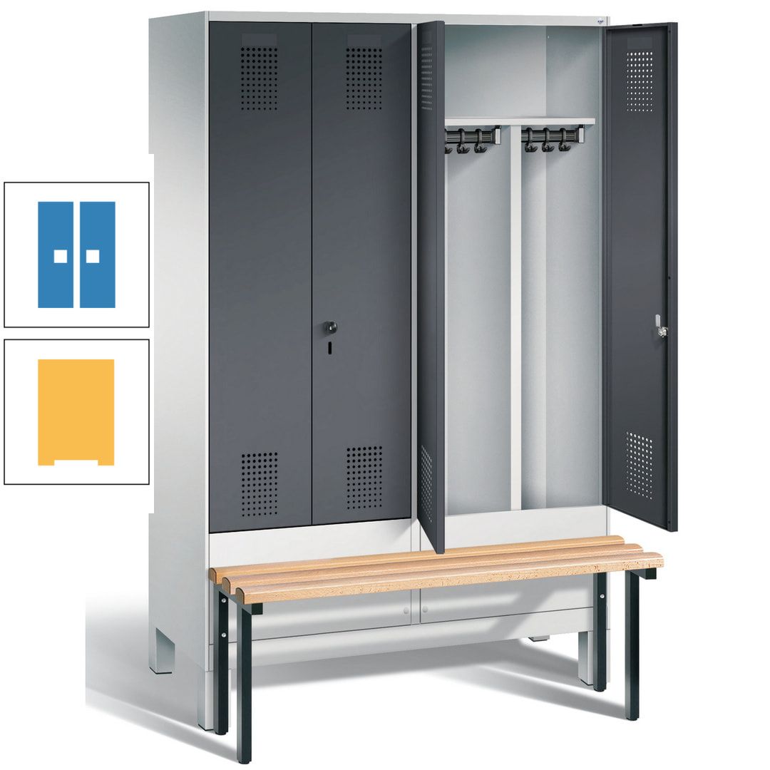 Doppel-Spind, Garderobenschrank, Buche Sitzbank vorgebaut, 4 Abteile a 300 mm, Korpus feuerrot, Tür Wasserblau, 1.850 x 1.200 x 815 mm (HxBxT)