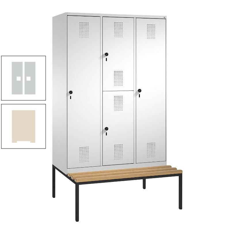 Garderobenschrank, Spind ein- und doppelstöckig Sitzbank, 3 Abteile, 4 Fächer, 2.090x1.200x500 mm (HxBxT), Front anthrazitgrau, Korpus anthrazitgrau
