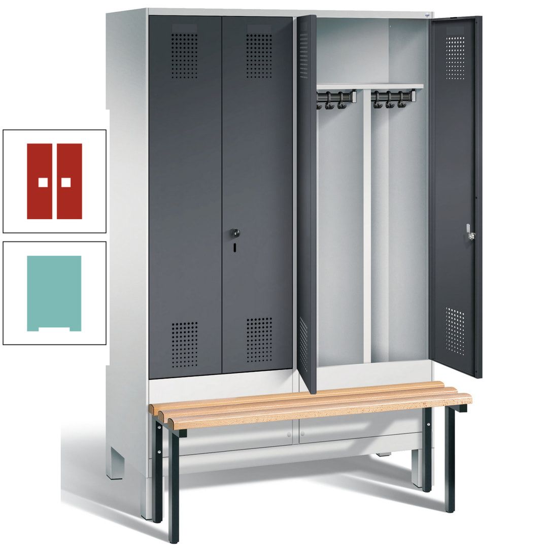 Doppel-Spind, Garderobenschrank, Buche Sitzbank vorgebaut, 4 Abteile a 300 mm, Korpus feuerrot, Tür Wasserblau, 1.850 x 1.200 x 815 mm (HxBxT)