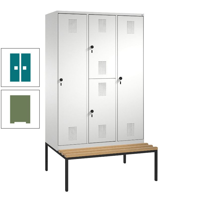 Garderobenschrank, Spind ein- und doppelstöckig Sitzbank, 3 Abteile, 4 Fächer, 2.090x1.200x500 mm (HxBxT), Front anthrazitgrau, Korpus anthrazitgrau