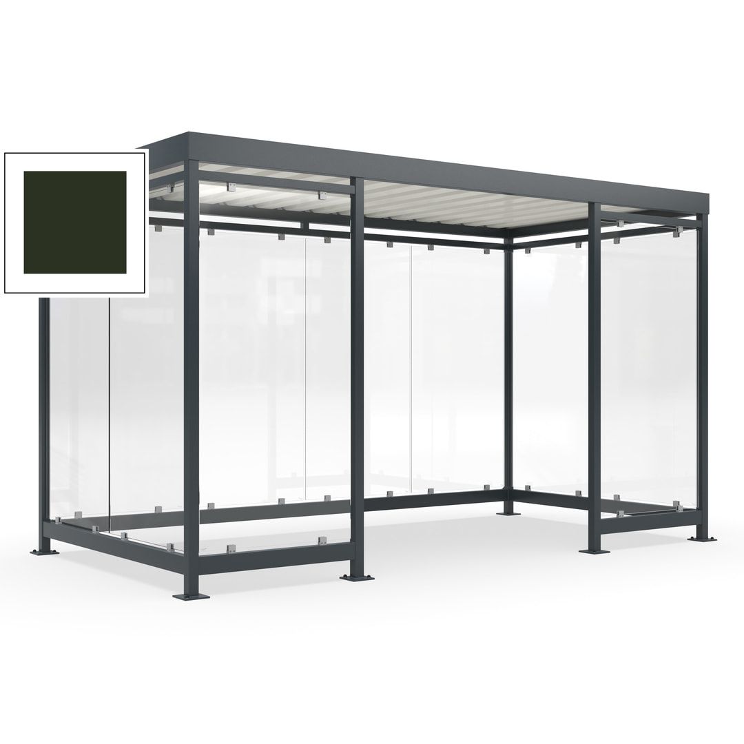 Fahrgastunterstand, Raucherunterstand, fertig montiert, Aufdübeln, 12-13 Personen, 2.510 x 4.195 x 2.165 mm (HxBxT), 10 Wände, Achatgrau