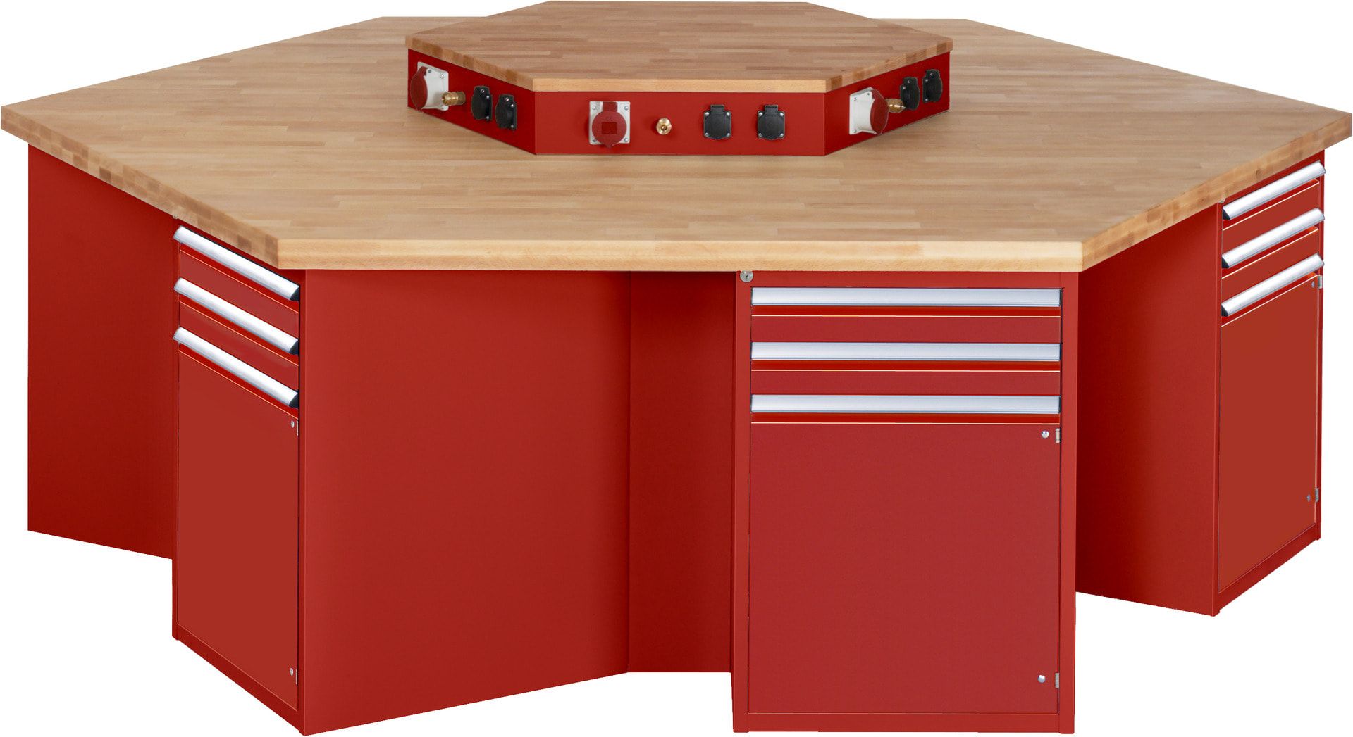 Gruppenwerkbank, Buche, Höhe 840 mm, mit Energieaufsatz, Unterbau-Container, 2 Schubladen, 1 Tür, 1 Boden - Anthrazitgrau