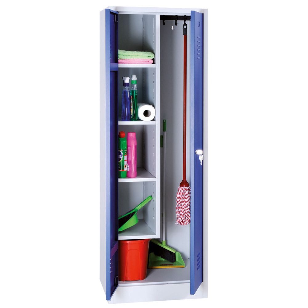 Geräteschrank, Mehrzweckschrank, 2 Abteile, 1.800 x 590 x 500 mm (HxBxT), Drehriegel, Kleiderstange, Stahl, Korpus: lichtgrau, Front: enzianblau