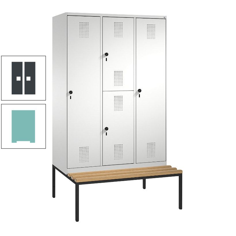Garderobenschrank, Spind ein- und doppelstöckig Sitzbank, 3 Abteile, 4 Fächer, 2.090x1.200x500 mm (HxBxT), Front anthrazitgrau, Korpus anthrazitgrau